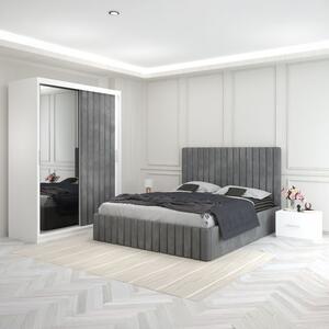 Set Mobila De Dormitor Luca Gri, pat tapitat 160x200cm, dulap cu oglinda 150x210cm, noptiere