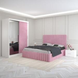 Set Mobila De Dormitor Luca Roz, pat tapitat 160x200cm, dulap cu oglinda 150x210cm, noptiere
