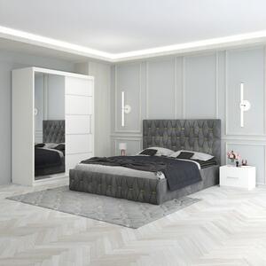 Set Mobila De Dormitor Eric Gri, pat tapitat 160x200cm, dulap cu oglinda 150x210cm, noptiere