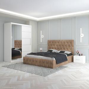 Set Mobila De Dormitor Eric Crem, pat tapitat 160x200cm, dulap cu oglinda 150x210cm, noptiere