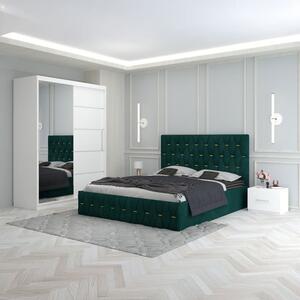 Set Mobila De Dormitor Eric Verde, pat tapitat 160x200cm, dulap cu oglinda 150x210cm, noptiere