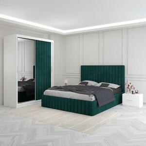 Set Mobila De Dormitor Luca Verde, pat tapitat 160x200cm, dulap cu oglinda 150x210cm, noptiere
