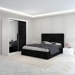 Set Mobila De Dormitor Luca Negru, pat tapitat 160x200cm, dulap cu oglinda 150x210cm, noptiere