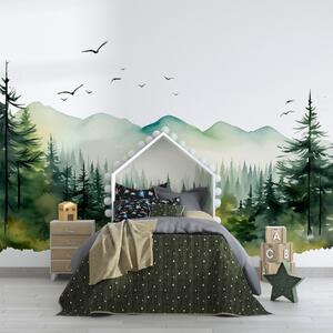 Tapet Pădure de acuarelă și peisaje montane, paleta de culori verzi , Fototapet Natură, w02150 : Uwalls.ro