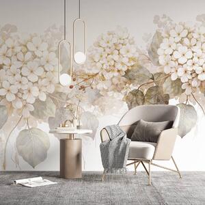 Tapet Flori albe delicate de hortensie cu frunze verzi moi pe un fundal deschis, Fototapet Flori, w08422 : Uwalls.ro