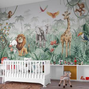 Tapet Design de junglă pentru copii cu leu, girafă, elefant și papagali, Fototapet Animale, w02440 : Uwalls.ro
