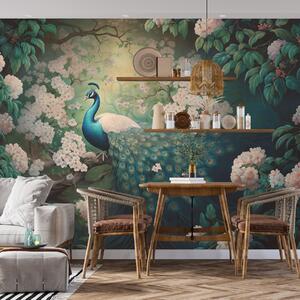 Tapet Păun frumos pe ramuri printre flori mici, Fototapet Animale, Fototapet Peacocks, w08475 : Uwalls.ro