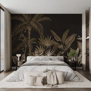 Tapet Junglă tropicală cu palmieri și păsări în tonuri întunecate, Fototapet Natură, w08496v3 : Uwalls.ro