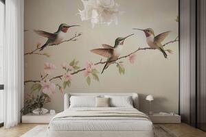 Fototapet Pictură de colibri pe o ramură cu flori, Fototapet natură, Fototapet populare, w08515 - Tapeko.ro