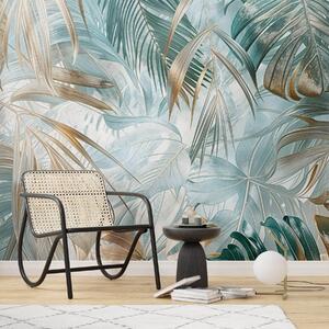 Tapet Un imprimeu floral abstract tropical cu frunze mari de palmier în nuanțe de, Fototapet Natură, Fototapet Foi de palmier, w08532 : Uwalls.ro