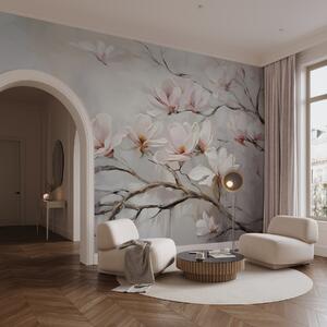 Tapet Delicate flori de magnolie roz care înfloresc pe ramuri de copaci goale pe un fundal moale, cețos, Fototapet Flori, w08589 : Uwalls.ro