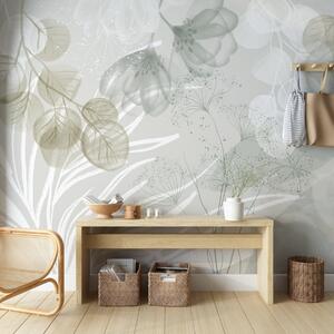 Tapet Elemente florale eucaliptus în nuanțe de verde și alb, cu frunze și petale suprapuse, în stil, Fototapet Acuarelă, w08599v1 : Uwalls.ro