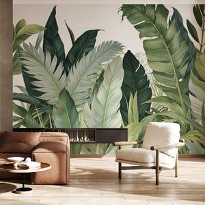 Tapet Frunze tropicale cu diverse frunze verzi mari, inclusiv frunze de bananier, frunze de palmier și alte, Fototapet Natură, w08609 : Uwalls.ro
