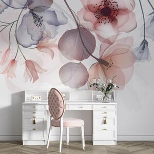 Tapet Flori delicate translucide roz și gri, cu petale moi și centre întunecate, pe un, Fototapet pădure, Fototapet copaci, w08613 : Uwalls.ro