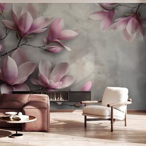 Tapet Delicate magnolii roz pe un perete de beton în tonuri de gri, Fototapet Flori, w08636v1 : Uwalls.ro