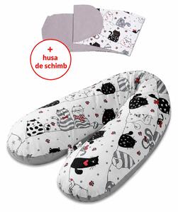 Perna gravide 3 in 1 cu husa detasabila din bumbac 100% si husa de schimb inclusa Kidizi Lena, lungime 160 cm, Happy Kitten