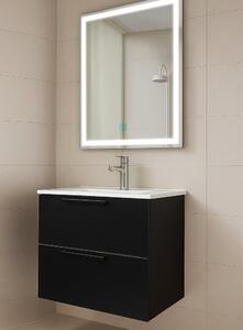 Set Mobilier Baie Suspendat 60 cm – cu Lavoar Ceramic Slim si Oglinda LED cu Dezaburire, MDF total Negru