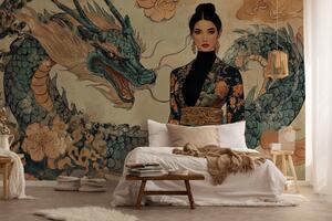 Fototapet Femeie într-un kimono și un dragon, Fototapet acuarelă, Fototapet populare, w02875 - Tapeko.ro