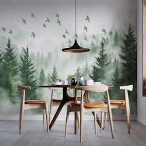Tapet Pădure liniștită în ceață cu copaci în nuanțe de verde și stol de păsări zboară pe cer , Fototapet Natură, w08664v1 : Uwalls.ro