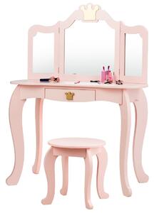 2în1 măsuţă de toaletă pentru copii cu taburet şi oglindă triplă, roz
