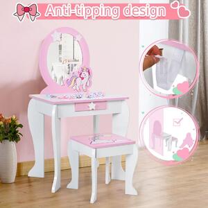 Măsuţă de toaletă pentru copii cu taburet, oglindă detaşabilă, roz/albă