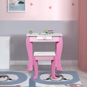 Măsuţă de toaletă pentru copii cu taburet, oglindă detaşabilă, roz/albă