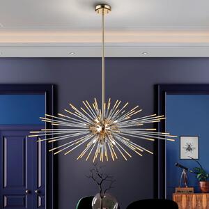 Schuller Valencia Suspensie Evasion, 9 lumini, auriu, metal, sticlă, Ø 100 cm, Auriu / Alamă, Camera de zi / sufragerie, Metal