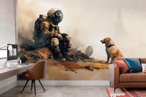 Fototapet Un astronaut stă pe o stâncă și se uită la un câine, Fototapet spațiu cosmic, Fototapet populare, w03115 - Tapeko.ro
