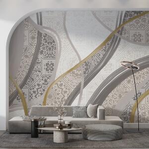 Tapet Tablou abstract cu modele geometrice și linii curbe în culorile bej, gri și galben, Fototapet Modern, w08837 : Uwalls.ro