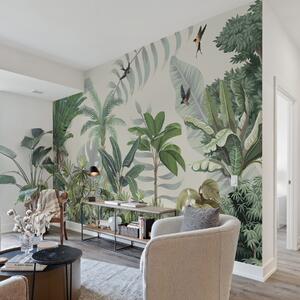 Fototapet Wallpaper cu plante tropicale și păsări, Fototapet natură, Fototapet populare, w03252 - Tapeko.ro