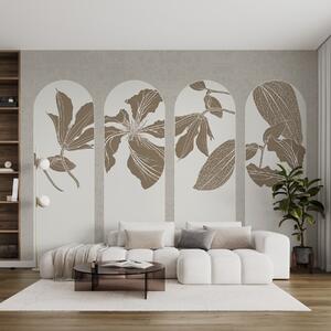 Tapet Arce elegante cu desene florale în bej și alb, pe un fundal texturat bej, stil minimalist, Fototapet Natură, w08866 : Uwalls.ro