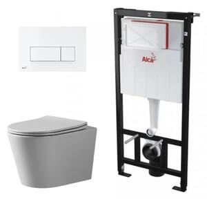 Set complet vas WC suspendat, Fluminia, Cleo gri mat, Tornado Flush, cu rezervor Alca si clapeta alba