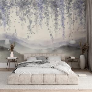 Tapet Wisteria frunze agățat peste munți blured, moale pastel albastru și gri culori, peisaj stil acuarelă, Fototapet Flori, w08909 : Uwalls.ro