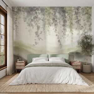 Tapet Wisteria frunze agățat peste munți blured, moale pastel verde și bej culori, peisaj stil acuarelă, Fototapet Acuarelă, w08909v2 : Uwalls.ro