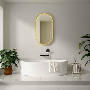 Oglindă, Fluminia Canaria 90 Clock, cu led, dezaburire și ceas, iluminare perimetrală cu difuzor acrilic, ramă gold