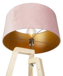 Lampă de podea din lemn de trepied cu abajur de catifea roz 50 cm - Puros