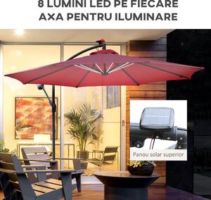 Outsunny Umbrelă de Grădină Roșu Închis cu Manivelă și Iluminat LED Solar, Rezistentă la Apă și UV, Φ295x245cm | Aosom Romania