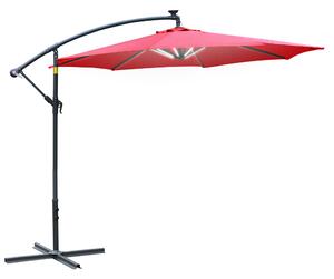 Outsunny Umbrela pentru gradina cu brat cu manivela si 8 benzi LED cu energie solara Φ295x245cm, rosu inchis