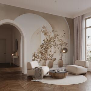 Tapet Plante în ghivece cu tonuri bej în fața arcurilor abstracte, stil minimalist, elegant și curat, fundal neutru, Fototapet 3D, w09013 : Uwalls.ro
