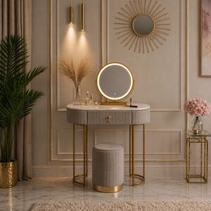 Set SARAH, Masă de toaletă pentru machiaj cu oglindă iluminată LED, control touch, sertar, taburet, 80x40x76 cm, Gri/Auriu
