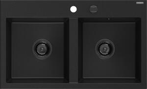 Mexen Hektor, chiuvetă granit cu 2 camere 800x480x205 mm, negru, sifon grafit, 6521802000-77-B