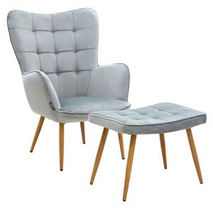 Fotoliu Maddison cu suport pentru picioare - perna catifea gri - culoare lemn natural 68x72x98cm