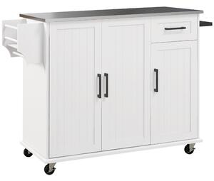 HOMCOM Insulă de Bucătărie Rulantă cu Depozitare, Sertar, 3 Dulapuri, Blat din Oțel Inoxidabil, Design Versatil, Alb | Aosom Romania