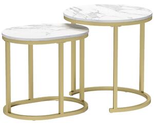 HOMCOM Set 2 Măsuțe de Cafea cu Blat cu Efect de Marmură din MDF și Oțel, Ø50x50.5 cm și 60x36x43.5 cm, Alb și Auriu | Aosom Romania