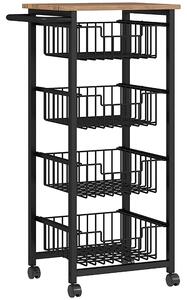 HOMCOM Cărucior de Bucătărie cu 4 Coșuri Detașabile, Roți și Frâne, Oțel și Lemn, 49.5x31x91 cm, Stejar | Aosom Romania