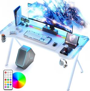 DOWINX Birou de Gaming RGB cu Iluminare Multicoloră și Design din Fibră de Carbon, Telecomanda, Mouse pad impermeabil, 120 cm, Alb
