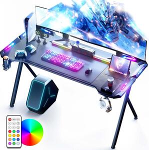 DOWINX Birou de Gaming RGB cu Iluminare Multicoloră și Design din Fibră de Carbon, Telecomanda, Mouse pad impermeabil, 140 cm, Negru