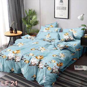 Lenjerie de pat, 2 persoane, finet, 6 piese, albastru , cu flori albe si crem, LF21