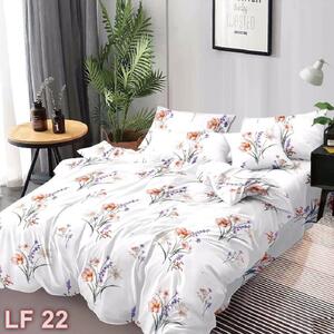 Lenjerie de pat, 2 persoane, finet, 6 piese, alb , cu flori mov si crem, LF22