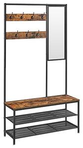 Cuier cu bancuta si suport pantofi Model Hale, Maro Rustic/Negru, 98×35×180 cm